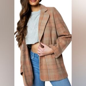 Fornia Blazer Jacket Women's Brown Pink Plaid Fleecy Cozy One Button Sz …